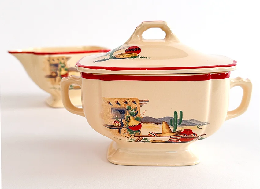 hacienda homer laughlin decalware sugar bowl and creamer set with southwestern decals and red stripes for sale