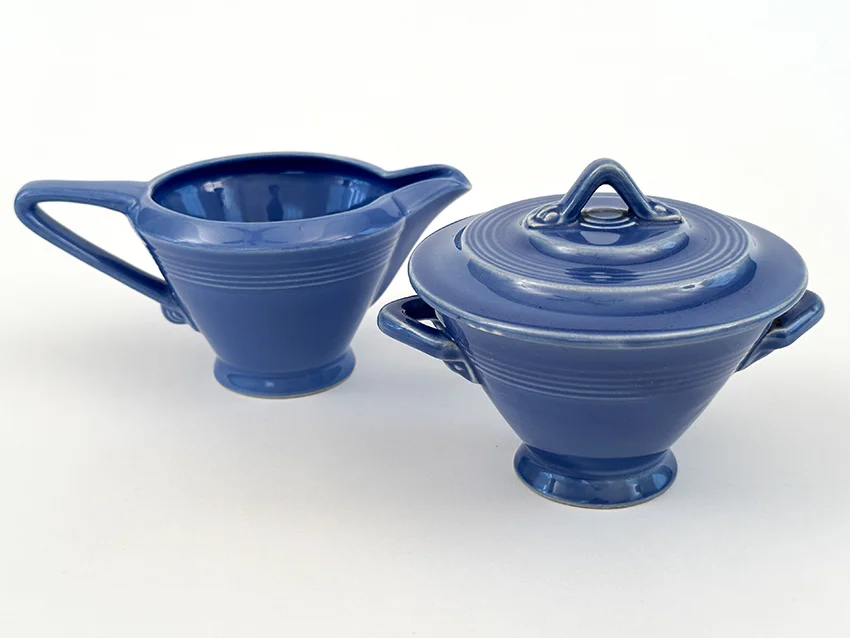 mauve blue vintage harlequin sugar bowl and creamer set for sale