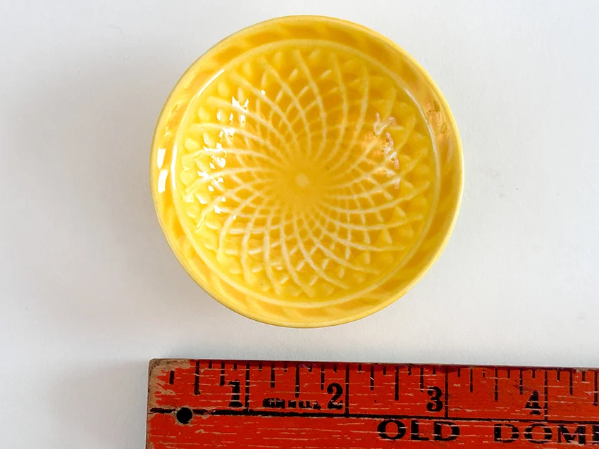 yellow vintage homer laughlin harlequin basketweave nut dish for sale