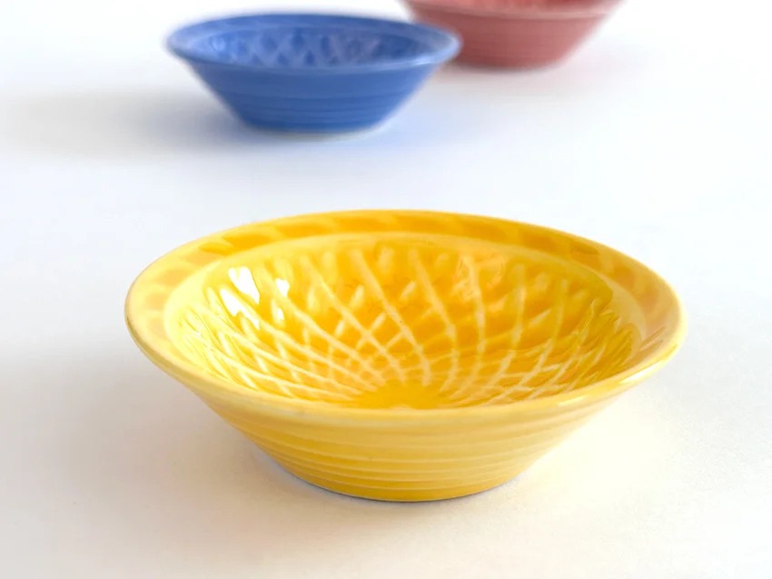 yellow vintage homer laughlin harlequin basketweave nut dish for sale