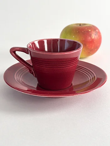 hard to find vintage harlequin red maroon AD demitasse cup and saucer set for sale