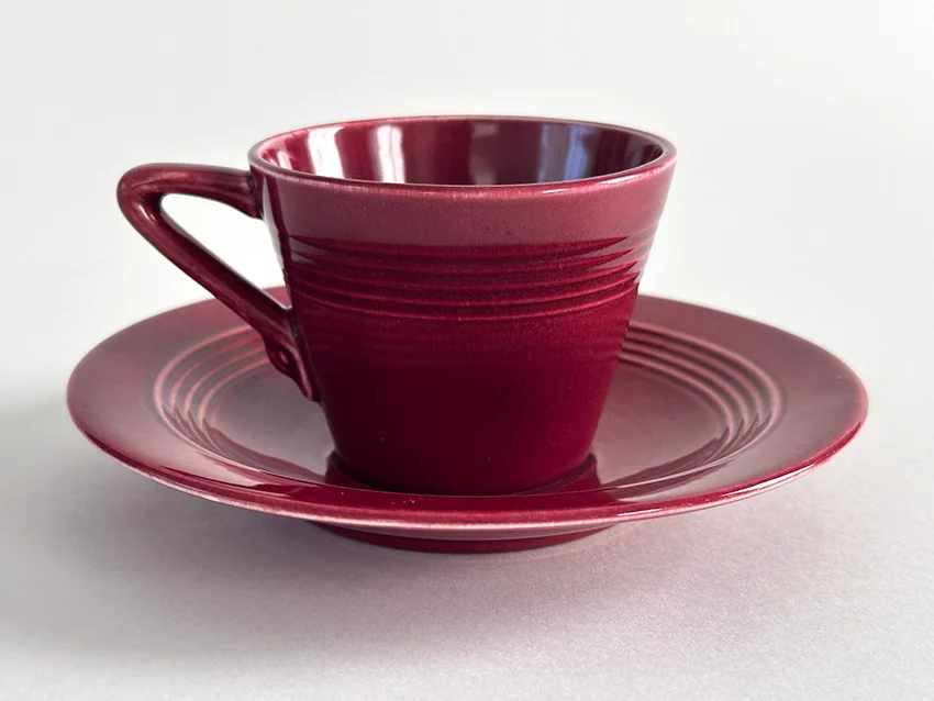 maroon vintage harlequin demitasse cup and saucer set for sale