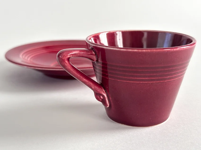 maroon vintage harlequin demitasse cup and saucer set for sale