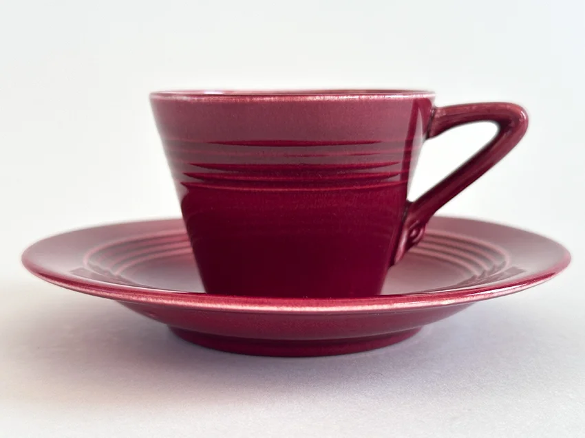 maroon vintage harlequin demitasse cup and saucer set for sale