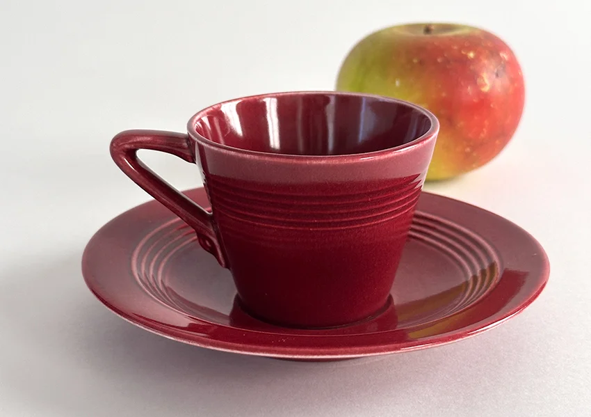 maroon vintage harlequin demitasse cup and saucer set for sale