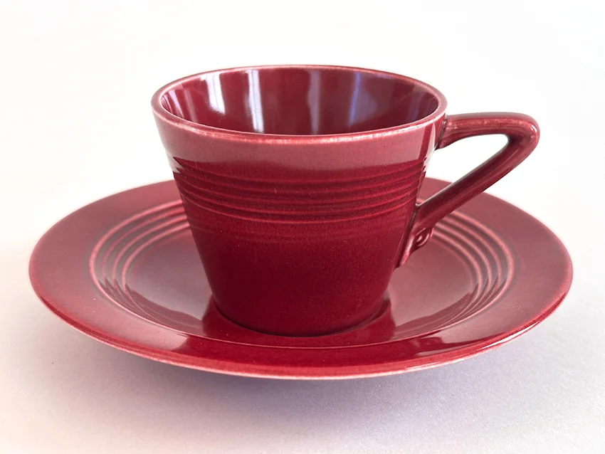 maroon vintage harlequin demitasse cup and saucer set for sale