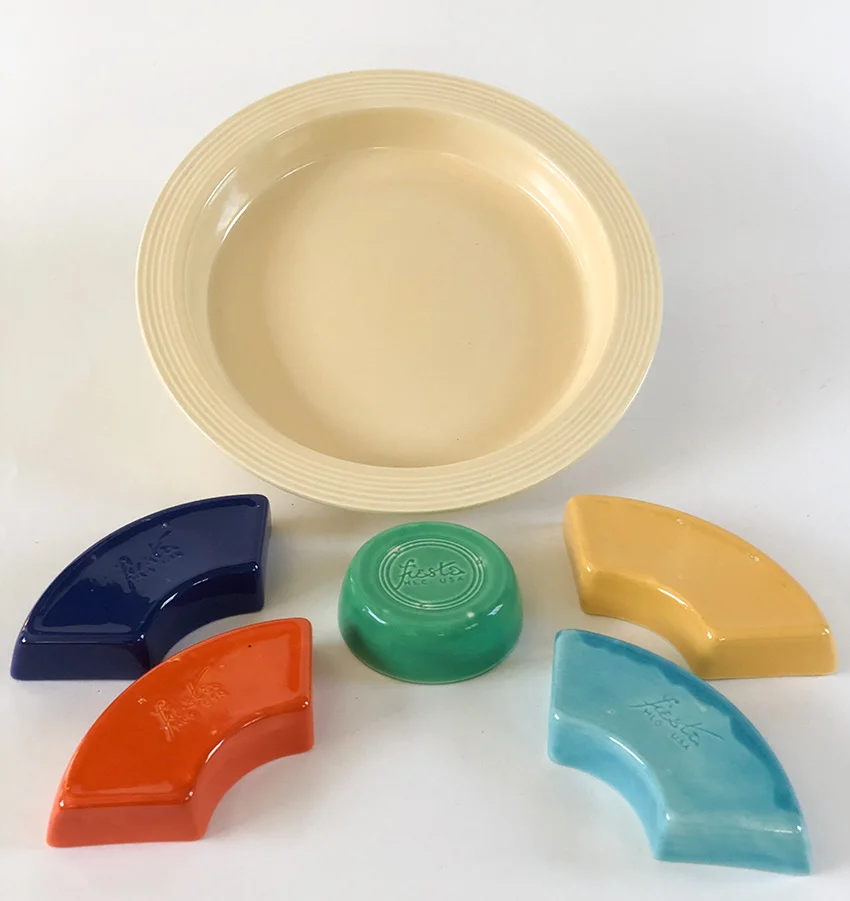 vintage fiestaware relish tray with red base all six color inserts
