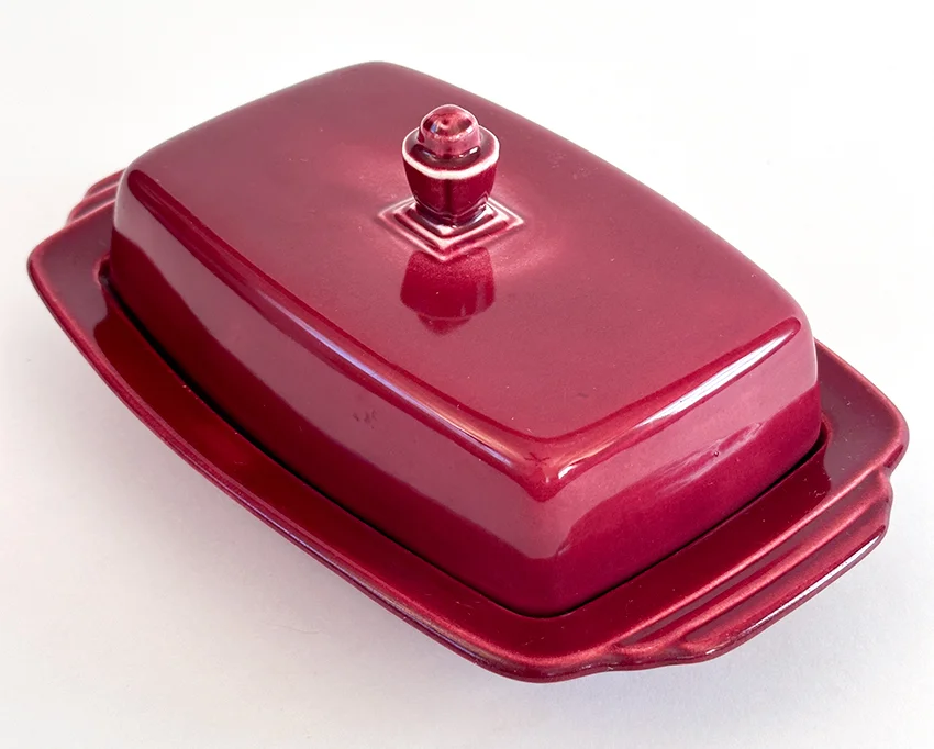 maroon vintage harlequin fiestaware butter dish for sale