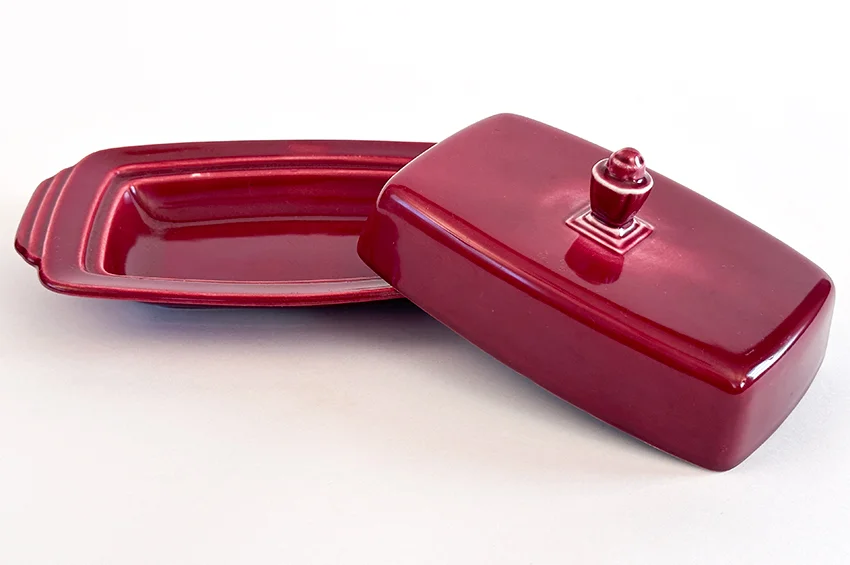 maroon vintage harlequin fiestaware butter dish for sale