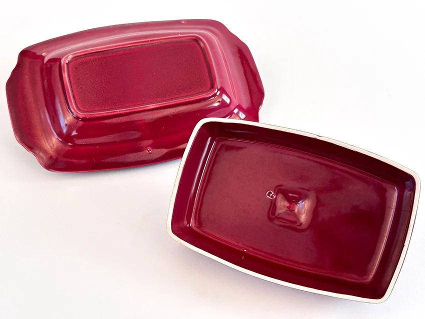 maroon vintage harlequin fiestaware butter dish for sale