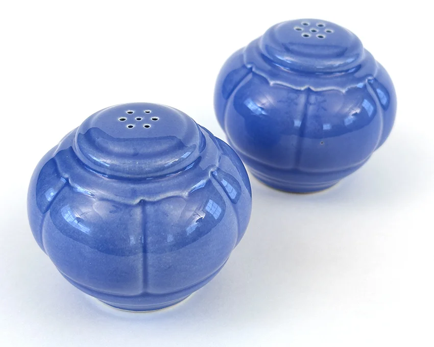 Vintage Riviera Pottery Salt and Pepper Shakers in original mauve blue colored glaze