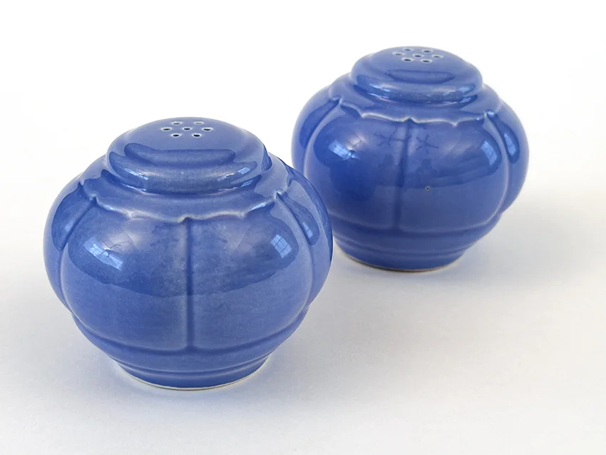 Vintage Riviera Pottery Salt and Pepper Shakers in original mauve blue colored glaze