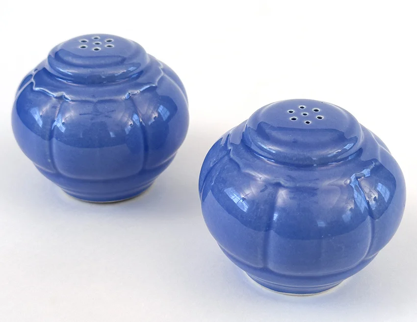 Vintage Riviera Pottery Salt and Pepper Shakers in original mauve blue colored glaze