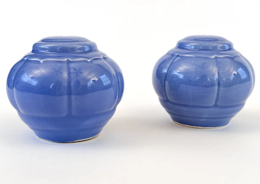 Vintage Riviera Pottery Salt and Pepper Shakers in original mauve blue colored glaze