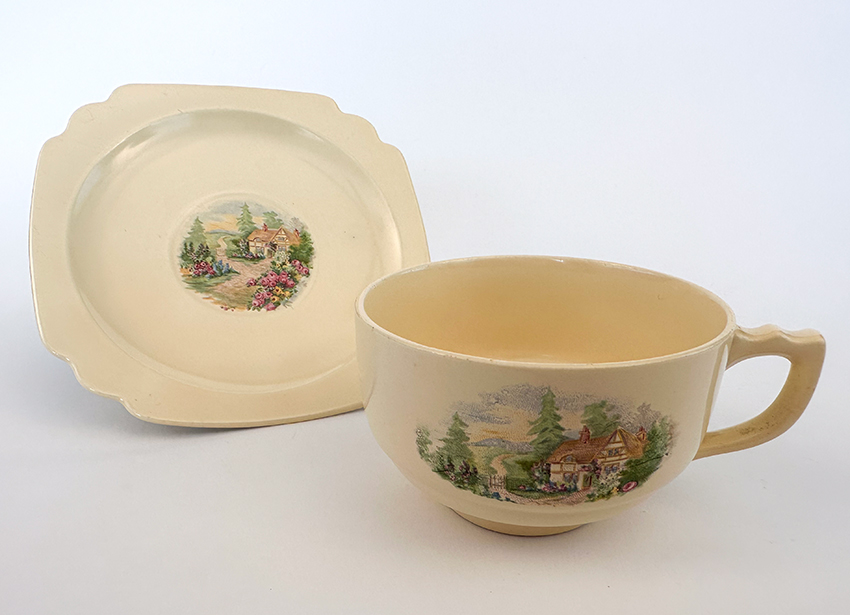 morning side homer laughlin decalware on ivory century shape teacup and saucer set