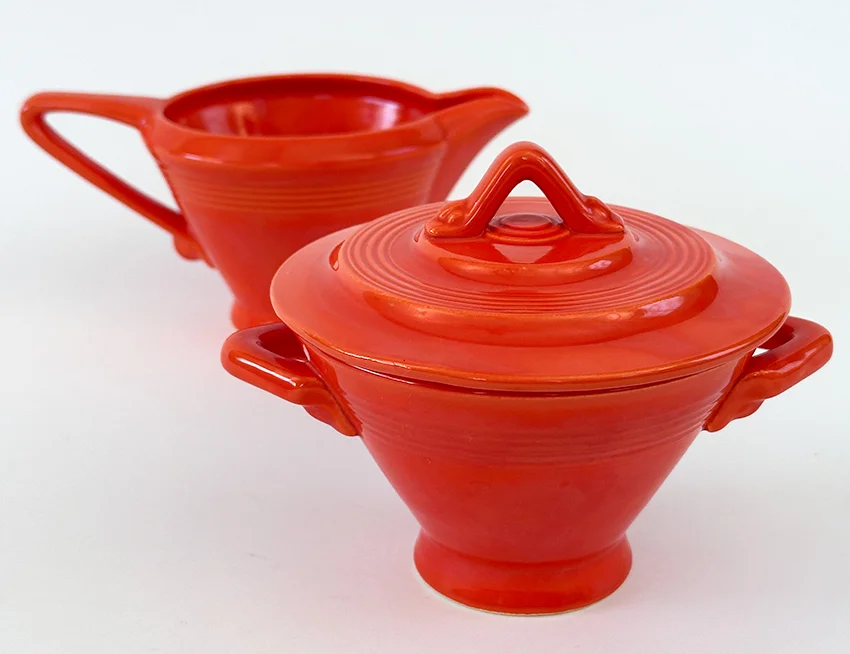 original red vintage harlequin sugar bowl and creamer set for sale