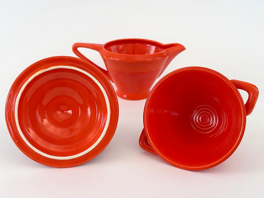 original red vintage harlequin sugar bowl and creamer set for sale