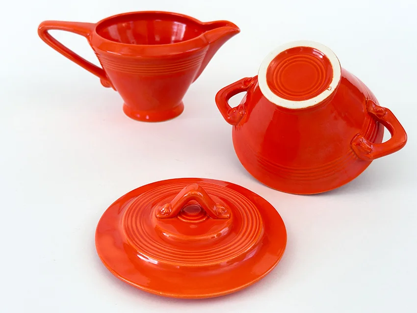 original red vintage harlequin sugar bowl and creamer set for sale