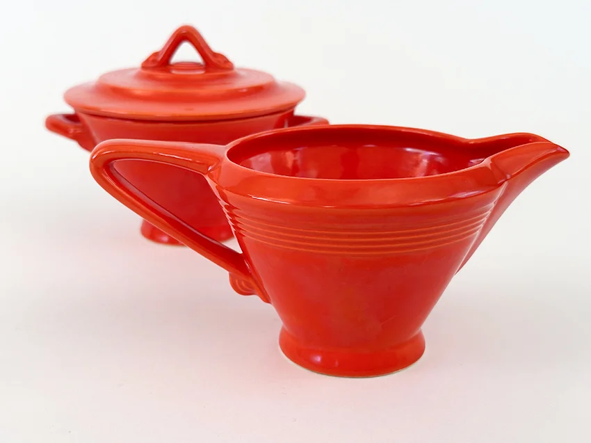 original red vintage harlequin sugar bowl and creamer set for sale