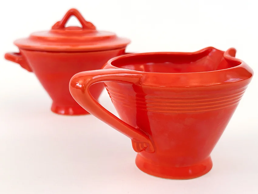 original red vintage harlequin sugar bowl and creamer set for sale