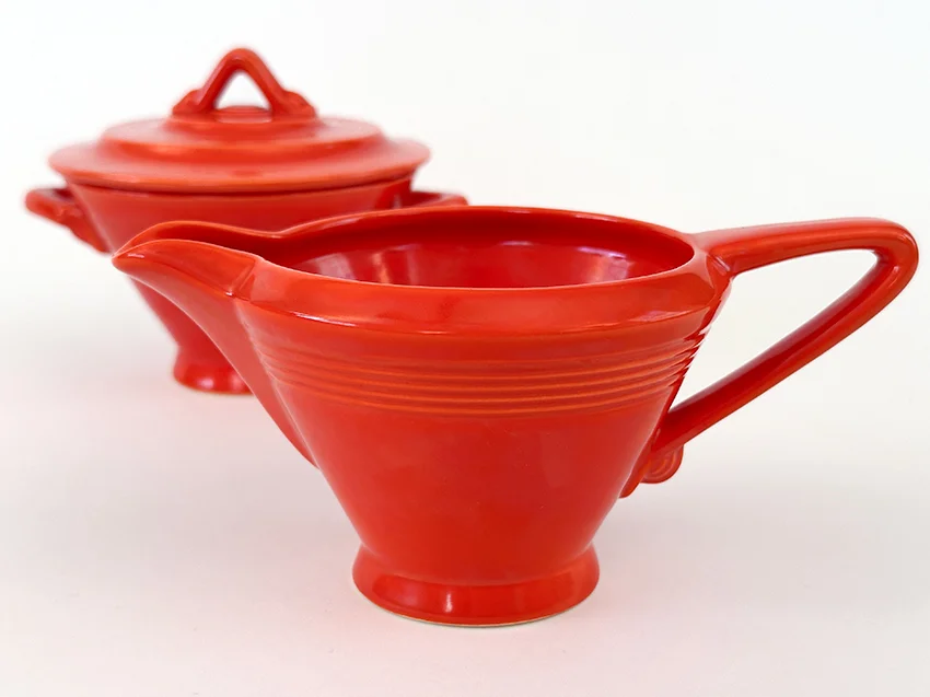 original red vintage harlequin sugar bowl and creamer set for sale