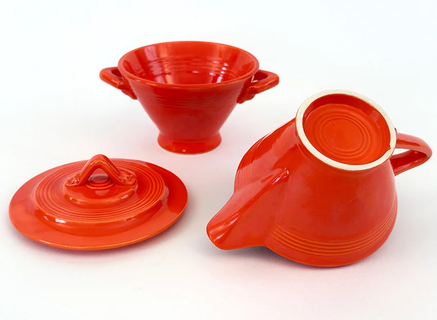 original red vintage harlequin sugar bowl and creamer set for sale