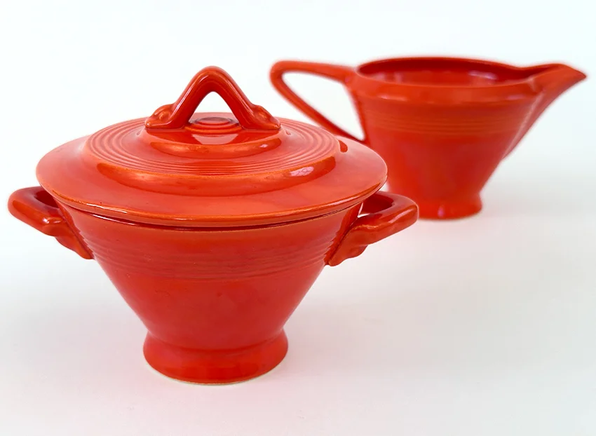 original red vintage harlequin sugar bowl and creamer set for sale