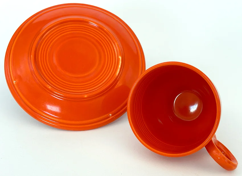 1936 red vintage fiesta flat bottom teacup and matching saucer set