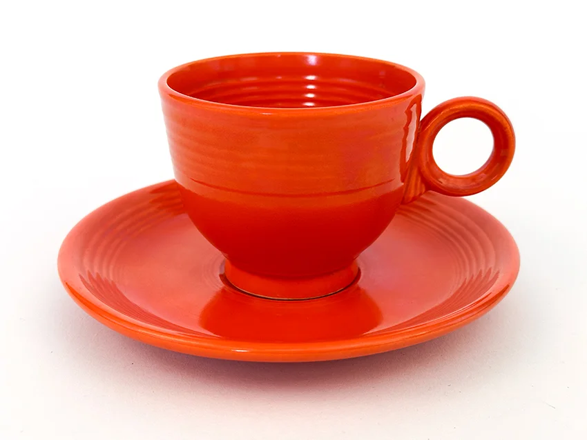 1936 red vintage fiesta flat bottom teacup and matching saucer set