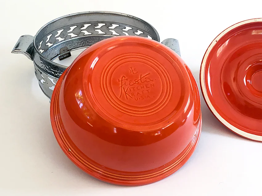 Red Vintage Fiesta Kitchen Kraft Lidded Casserole with Metal Holder