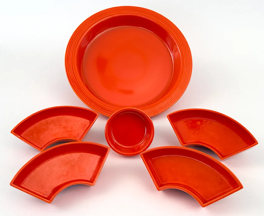 vintage fiestaware relish tray in all original red fiesta colored glaze