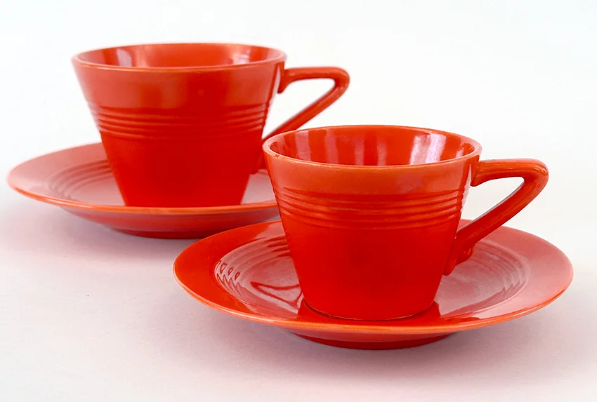 original radioactive red harlequin demitasse cup and saucer set for sale