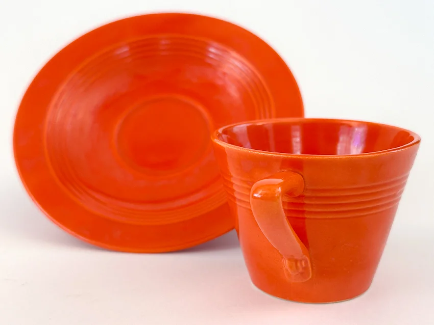 original radioactive red harlequin demitasse cup and saucer set for sale