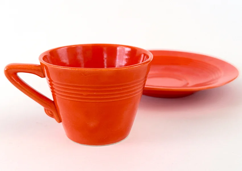 original radioactive red harlequin demitasse cup and saucer set for sale