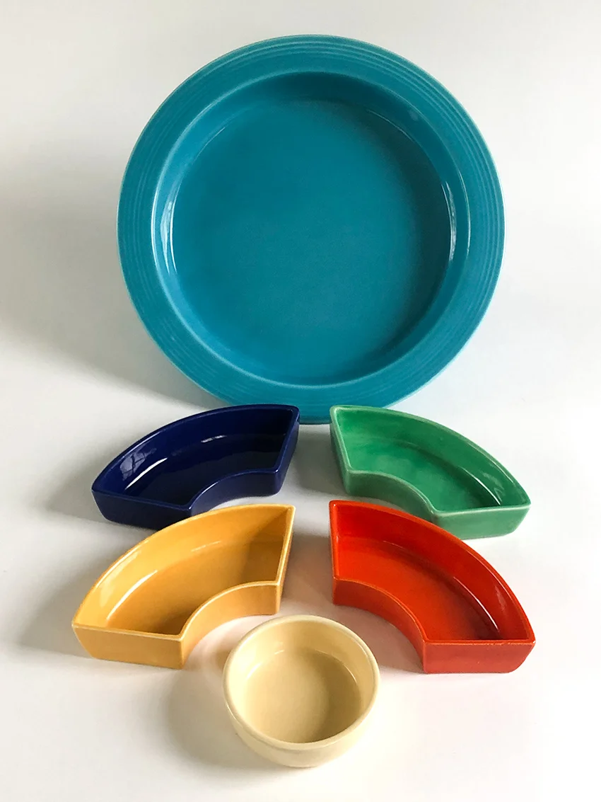vintage fiestaware relish tray with originalturquoise base all six color inserts