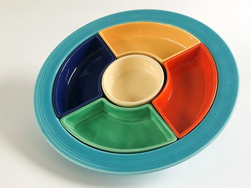 vintage fiestaware relish tray with originalturquoise base all six color inserts