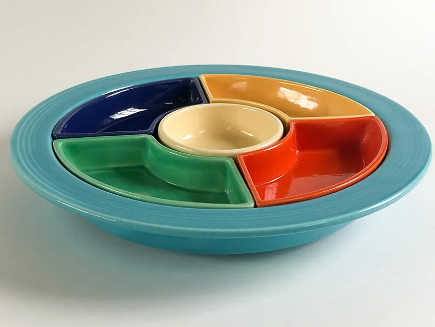 vintage fiestaware relish tray with originalturquoise base all six color inserts