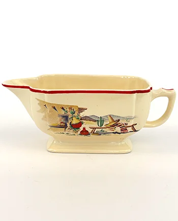 Hacienda Decalware Homer Laughlin sauce or gravy boat with decals and red stripes