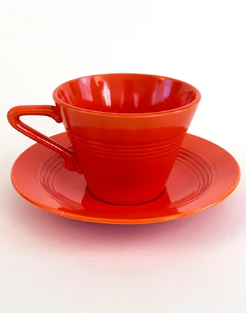 Original Red Vintage Harlequin Pottery Teacup and Saucer Set