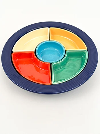 Six color vintage fiestaware relish tray with cobalt blue base and turquoise center