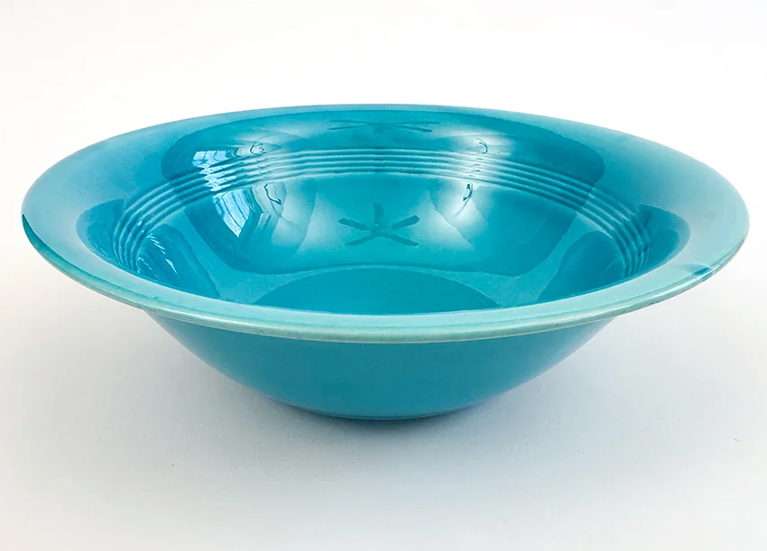 vintage homer laughlin harlequin dinnerware large round vegetable bowl in original turquoise colored glaze