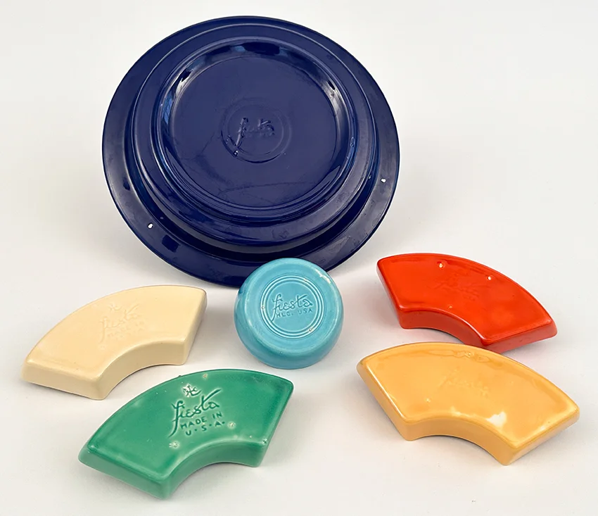 six color vintage fiestaware relish tray set with cobalt blue base and turquoise center insert fully marked