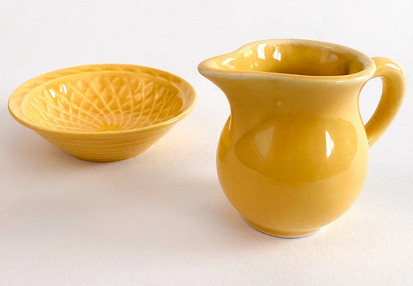 vintage harlequin yellow individual creamer and basket weave nut dish two piece set