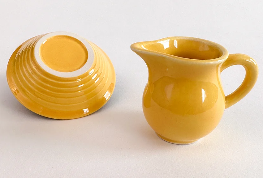 vintage harlequin yellow individual creamer and basket weave nut dish two piece set