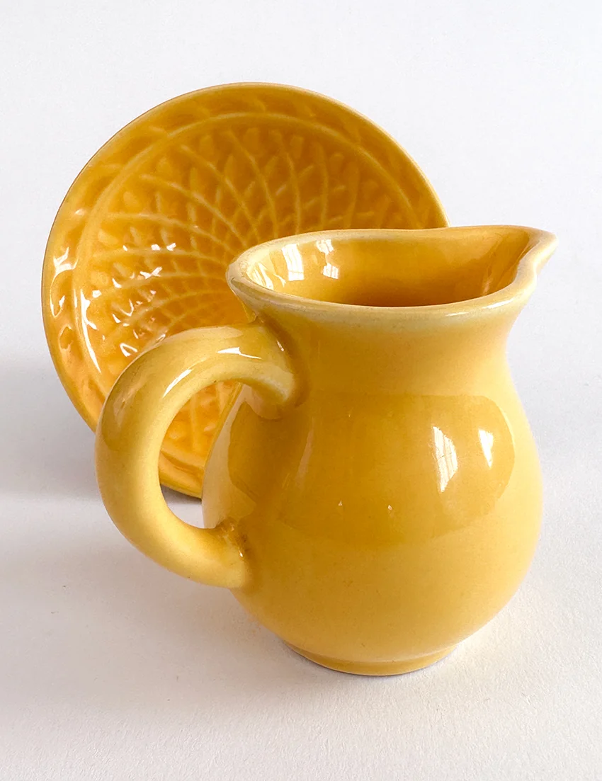 vintage harlequin yellow individual creamer and basket weave nut dish two piece set