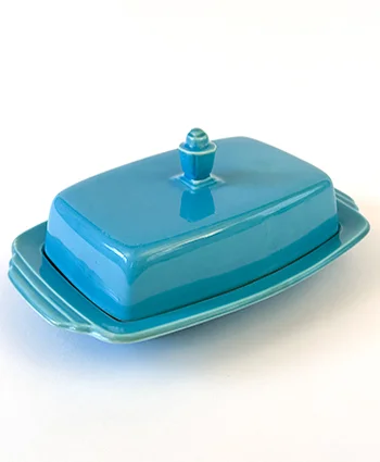 Vintage Harlequin Half Pound Butter Dish in Original Turquoise Glaze For Sale